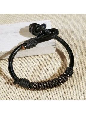 New Vintage Thick Black India Goat Leather Gunmetal Beads Bracelet